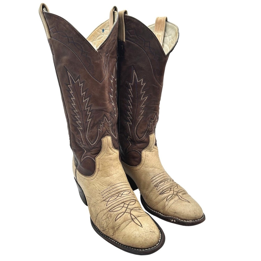 Vintage Larry Mahan Two Tone Leather Cowboy Boots Brown Cream Western Women 8.5C